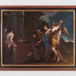 An oil painting of the biblical event the Trinity, three angels visiting Abraham at the Oak of Mamre (Genesis 18:1–8). Abraham, dressed in darker tones, kneels at the feet of the angels, draped in vibrant blue and gold. Artwork details: Artist: Antonio Balestra (copy). Artwork title: Abramo e la Trinità.
