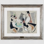 An abstract painting in black, grey, brown, green and blue.
