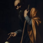 Detail of an oil painting of the nativity.