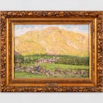 A landscape oil painting of a day at noon in May around Ivrea, Italy, showing a mountain, village and figure in the field.