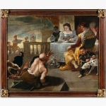 An oil painting of the rich man and Lazarus parable found in the gospel of Luke 16: 19–31. The painting depicts a rich man with empty plates, surrounded by servants after finishing his meal, while in the foreground is the beggar Lazarus.
