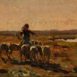 An oil painting of a shepherd with a flock of sheep in a natural landscape. The light suggests sunrise or sunset.
