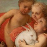A detail of an oil painting of putti, the winged infants who either play the role of angelic spirits in religious artworks or act as instruments of profane love. They are often shown as associates of Cupid. They originated in Greek and Roman antiquity (the Latin word putus means little man). The putti seen here are playing with a rabbit.