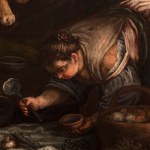 Detail of an oil painting of rural people harvesting food. Artwork details: Artist: Leandro Bassano (Leandro da Ponte) (area). Artwork title: L'Autunno. Artwork dates: c.1600-10. Artwork medium: Oil on canvas. Artwork dimensions: 144.5 x 221 cm.