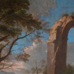 Detail of an oil painting of a landscape with figures and aqueducts.
