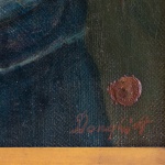 Detail of an oil painting portrait of a Miner. The Miner stands topless with arms folded against a dark background. The detail shows the artist’s signature.