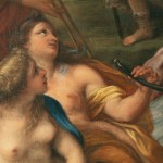 An oil painting of The Parnassus, a mountain in central Greece adjacent to the site of the ancient city of Delphi that in Greek mythology was sacred to Apollo and the Corycian nymphs and the home of the Muses. This detail shows two Muses reclining.