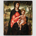 An oil painting of Mary and baby Jesus positioned within a natural landscape. Mary dressed in red with a green cape, holding a nude Christ draped in a delicate cloth.