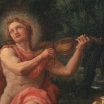 An oil painting of The Parnassus, a mountain in central Greece adjacent to the site of the ancient city of Delphi that in Greek mythology was sacred to Apollo and the Corycian nymphs and the home of the Muses. This detail shows a Corycian nymph playing music.