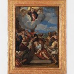 An oil painting of the assumption of the Madonna.
