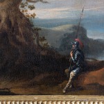 Detail of an oil painting of a landscape, a large tree and a soldier with a Halberd.