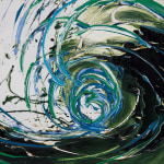 Detail of an abstract oil painting that uses fast-paced paint application to capture the movement of crashing waves in blue, green and yellow against a white background.