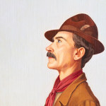 Detail of an oil painting of an older and young man, Lark hunting. In a hyper-realistic style, the man is dressed in a brown hat, jacket and boots, armed with a shotgun. The boy has a green blazer and cream trousers, holding a large stick with a bird on top. The landscape behind them is an expansive view of nature with mountains in the distance. Artwork details: Artist: Antonio Donghi. Artwork title: Caccia alle allodole. Artwork date: 1942. Artwork medium: Oil on canvas. Artwork dimensions: 107.5 x 79.5 cm.