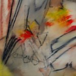 A detail of an oil painting in brown, grey, yellow, red, green and blue.