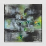 Abstract oil painting in black, green, white yellow and red.