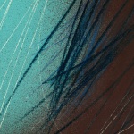 Detail of an abstract oil painting that uses gestural brushstrokes, dynamic black-and-white lines creating a series of intersecting and overlapping shapes set against a bold background in blue and black.