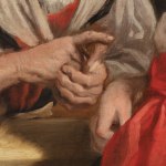 Detail of an oil painting shows an older and younger woman in conversation. The image illustrates an old fable using summer as a metaphor for beauty. Summer draws closer to its end, and beauty, along with life, is fleeting. This detail shows the hands of the two characters.