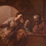 Detail of painting depicting three figures conversing