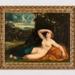 Painting depicting the awakening of Venus in a natural landscape. The figure of Venus is lying on an ochre and petrol green drape.