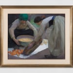 An oil painting of two women harvesting corn. On the right, one woman delivers corn husks; on the left, the woman with elaborate earrings sieves the corn.