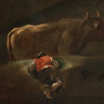 Detail of a painting depicting a bull and a man lying down
