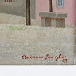 Detail of an oil painting of Montecarlo of Lucca showing the castle walls, buildings and trees.