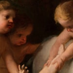 A detail of an oil painting of putti, the winged infants who either play the role of angelic spirits in religious artworks or act as instruments of profane love. They are often shown as associates of Cupid. They originated in Greek and Roman antiquity (the Latin word putus means little man). The putti seen here are playing with a dog.