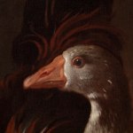 Painting of a rooster, some hens, a goose and a turkey