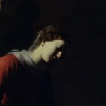 Detail of an oil painting of the nativity.