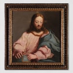 An oil painting of Jesus Christ. The title of the work "Il redentore", translates as "The Redeemer", a Christian reference because they believe he is said to have brought them redemption from sin. Rendered in soft brush strokes with golden chestnut hair and beard, in a light pink garment adorned by a blue cloak.