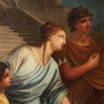 A detail of a painting of a Roman woman and child in front of a soldier.