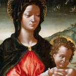 Detail of an oil painting of Mary and baby Jesus positioned within a natural landscape. Mary dressed in red with a green cape, holding a nude Christ draped in a delicate cloth.