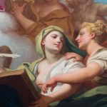 Detail of a painting representing two figures focused on writing