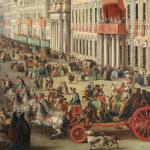 Detail of an oil painting of a carnival in Piazza S.Marcello, Rome.