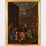 An oil painting of the Adoration of the Magi or Adoration of the Kings or Visitation of the Wise Men is the name traditionally given to the subject in the Nativity of Jesus in art in which the three Magi, represented as kings, especially in the West, having found Jesus by following a star, lay before him gifts of gold, frankincense, and myrrh, and worship him.