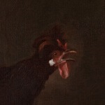 Painting of a rooster, some hens, a goose and a turkey