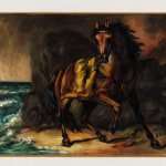 Oil painting of a chestnut-coloured horse at the beach shore.