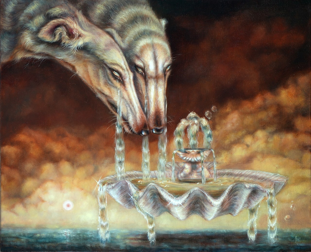 paiting of two white dogs crying tears into a fountain