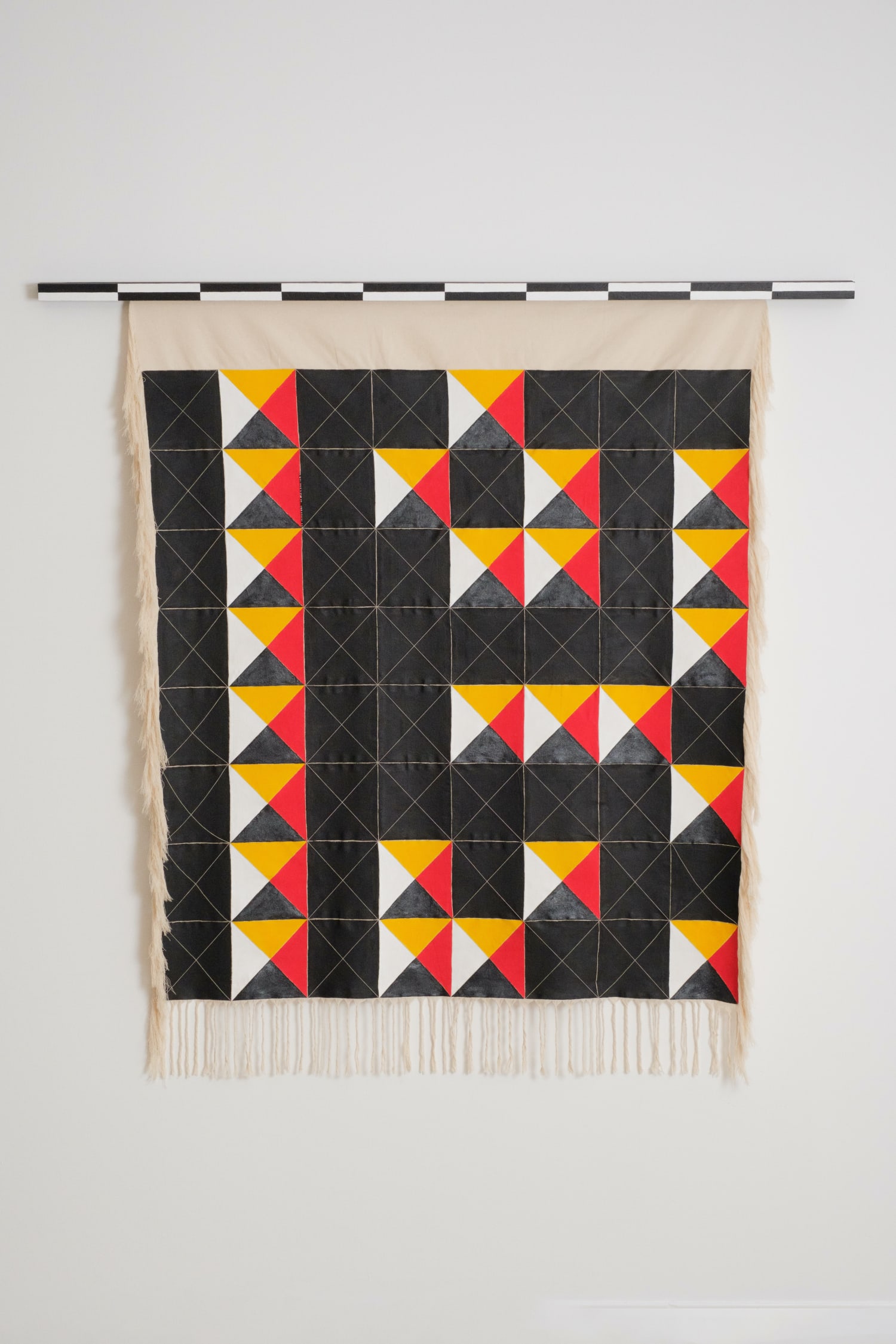 Ana Hernandez, HUMANITY, 2023, Acrylic, cotton thread, repurposed “binary beads” on canvas hanging between reclaimed wood, 58” x 60” x 1.5”