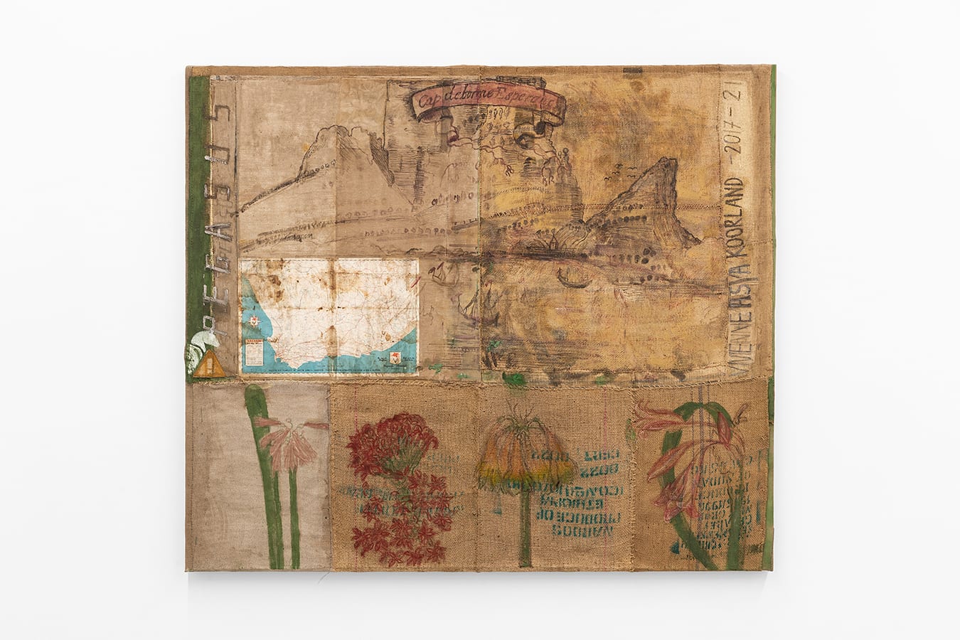 Vivienne Koorland PEGASUS, 2021 Oil paint, printed roadmap from 1960, on stitched linen and burlap 213.5 x 249 cm 84...