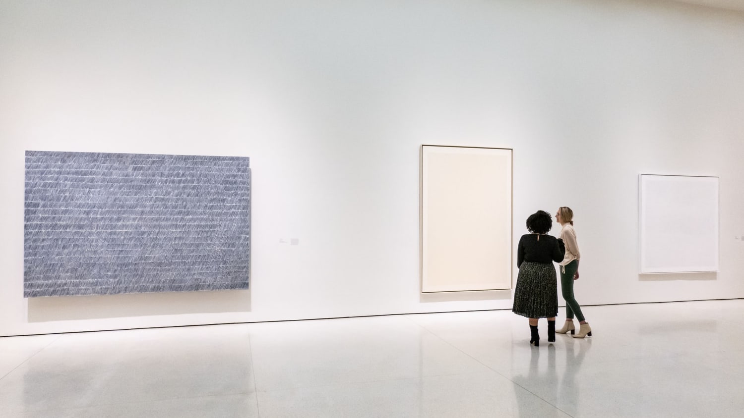 From left: Park Seo Bo, Ecriture No. 55-73, 1973; Chryssa, New York Times, 1975-78; and Jacob El Hanani, Untitled #171, 1976. Installation view, Marking Time: Process in Minimal Abstraction, Solomon R. Guggenheim Museum, New York, December 18, 2019-August 2, 2020. Photo: David Heald.