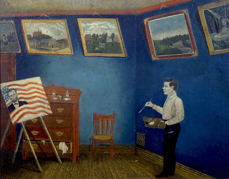 painting by John Kane done in a naive style showing the artist in a blue-walled studio space lined with framed paintings. He is poised, at right, with his paintbrush and palette while an unfinished canvas showing Abraham Lincoln overlaid on the stripes of