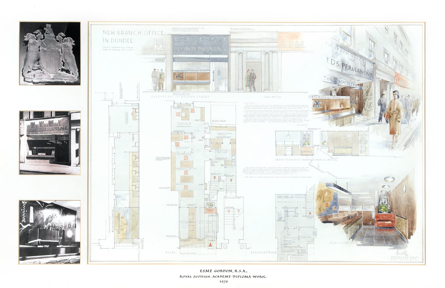 Alexander Esme Gordon RSA (1910-93), Leeds Permanent Building Society, New Branch Office in Dundee  architectural drawing; pencil, watercolour, b&w photographs, around 1977-78, 60.7 x 101.8 cm  RSA Diploma Collection Deposit, 1977. 1994.170