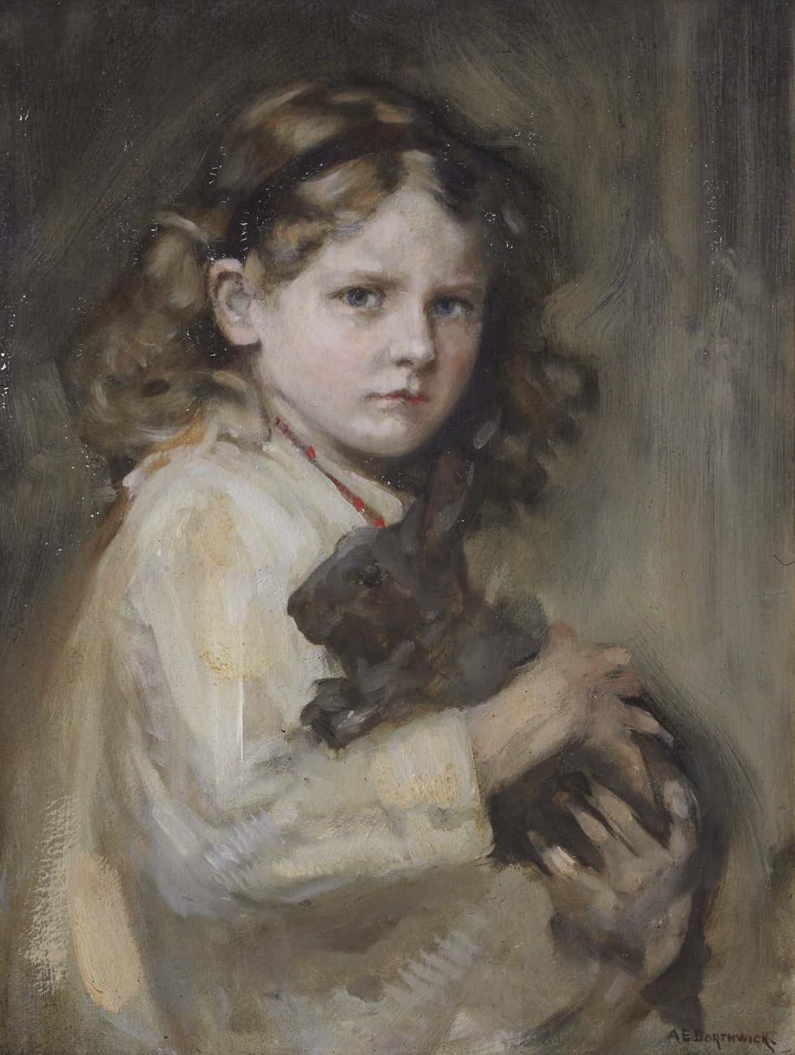 Alfred Edward Borthwick RSA (1871-1955), Grizel and her Pet  oil on canvas, around 1921, 60.7 x 45.5cm  RSA collections (Thorburn Ross Memorial Fund Purchase, 1921). 1993.066