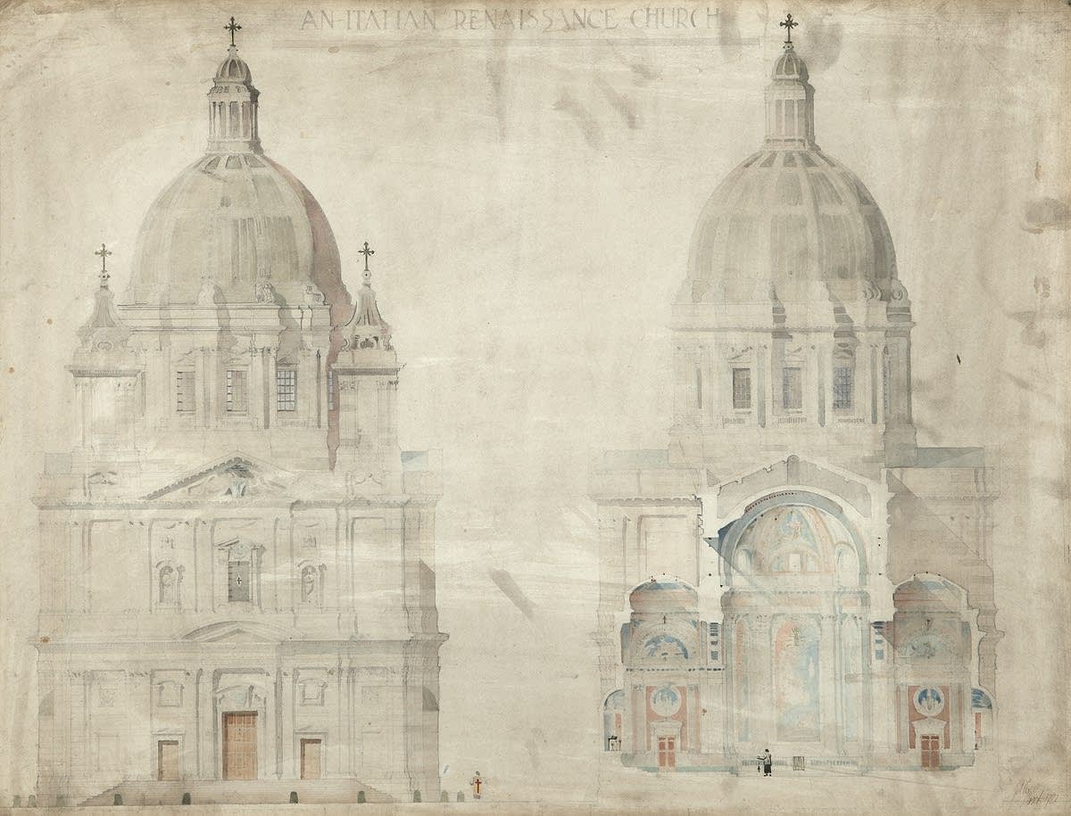 Jack Coia CBE RSA (1898-1981), Free Design For a Church in the Italian Renaissance Manner  Architectural drawing, around 1922-3, 54 x 69.5cm  RSA Diploma Collection (Deposited 1981) 1993.104