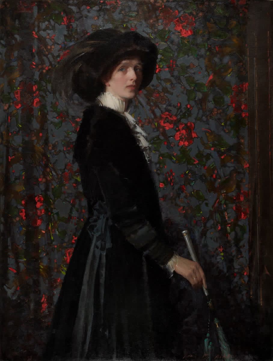 John Macdonald Aiken RSA (1880-1961) Lady in Black, with a Floral Background  Oil on canvas, around 1917, 126.6 x 95.2cm  RSA Diploma Colelction (Deposited, 1946) 2000.081