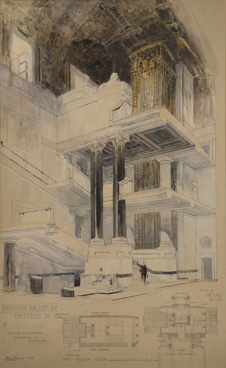 Sir John James Burnet RA RSA (1857-1938) Sketch for proposed decoration of staircase, British Museum Extension  Architectural ink and watercolour drawing, around 1913-15, 87 x 54.5 cm  RSA Diploma Collection (Deposited, 1915) 1994.165