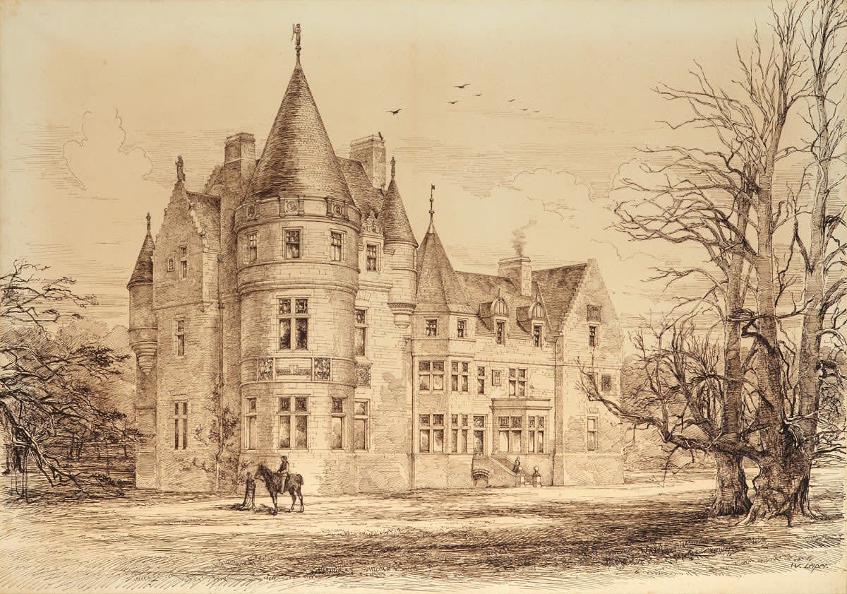 William Leiper RSA (1839-1916), Design for a Mansionhouse [Earnock, Lanarkshire]  Pen and ink on paper, around 1876, 65.3 x 90.9cm  RSA Diploma Collection (Deposited, 1896) 2000.058