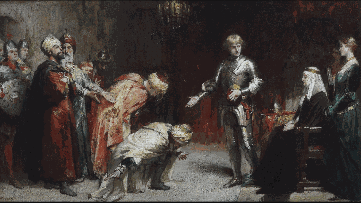 William Ewart Lockhart RSA ARWS RSW RE (1846-1900) The Cid and the Five Moorish Kings  Oil on Canvas, 1880, 25.2 x45.7cm,  RSA Diploma Collection (Deposited, 1883) 1999.002