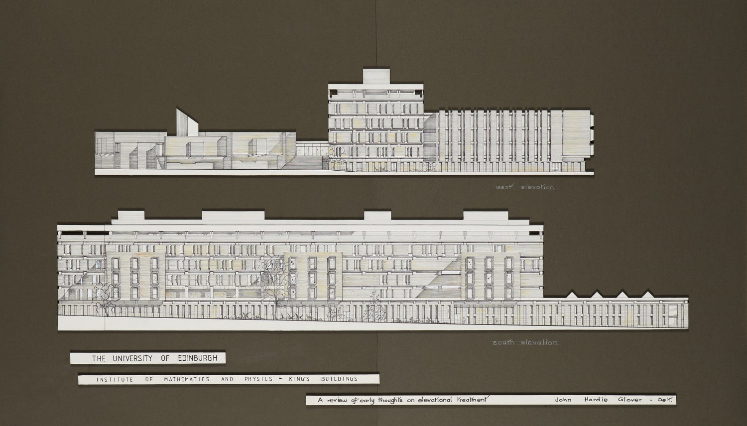 John Hardie Glover OBE RSA (1913-94), University of Edinburgh, Institute of Mathematics and Physics, Kings Buildings. A Review of early thoughts on Elevational Treatment [South and West Elevations]  Architectural drawing; pen and ink on paper, around 1965-66, 53.3 x 92.5 cm  RSA Diploma Collection (Deposited,1988) 1995.037